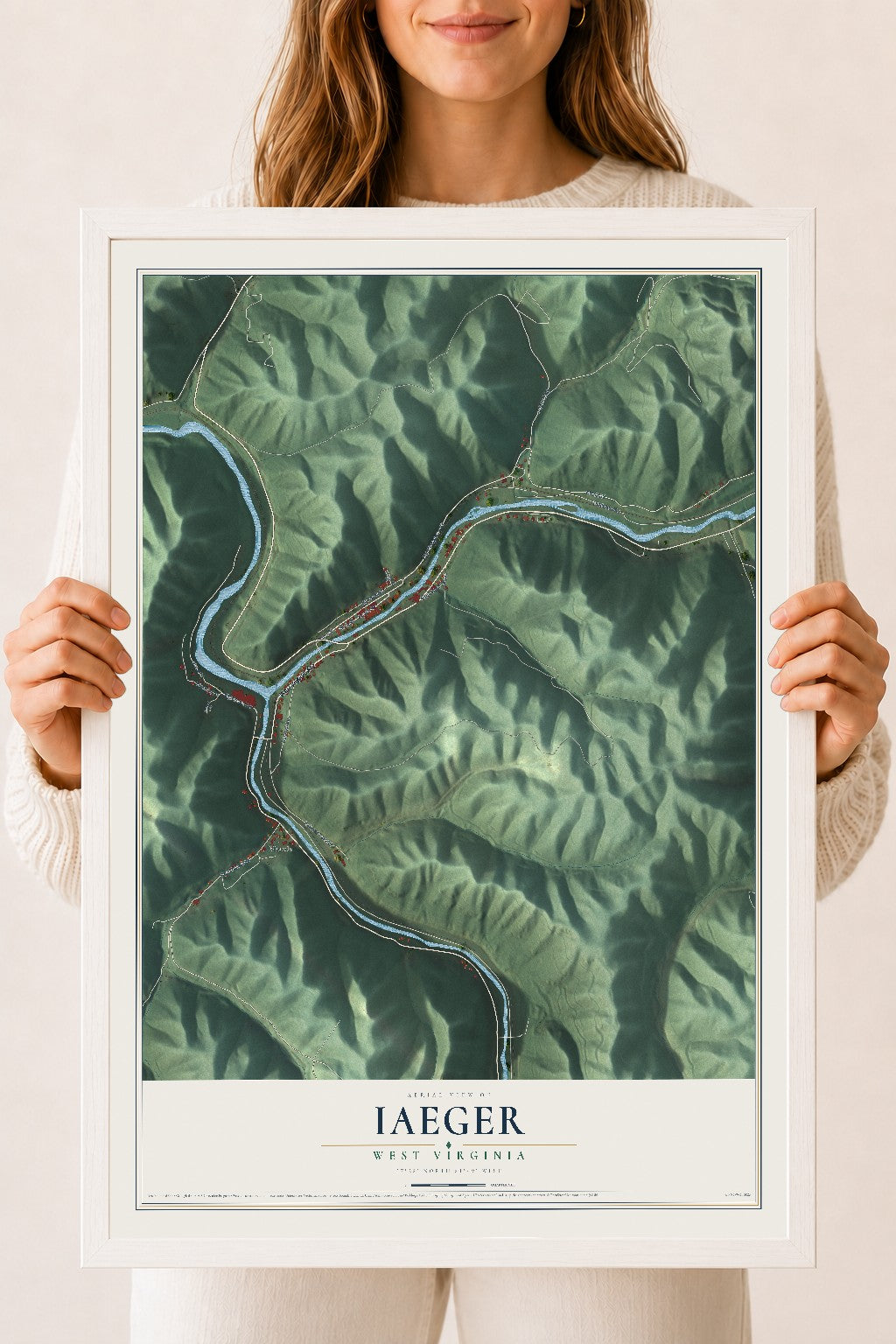 Map of Iaeger, West Virginia, 18 x 24 inch print in a white wood frame