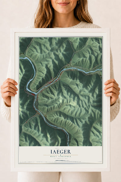 Map of Iaeger, West Virginia, 18 x 24 inch print in a white wood frame