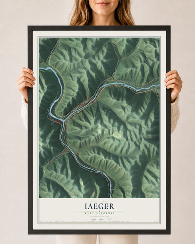 Map of Iaeger, West Virginia, 24 x 36 inch print in a black wood frame