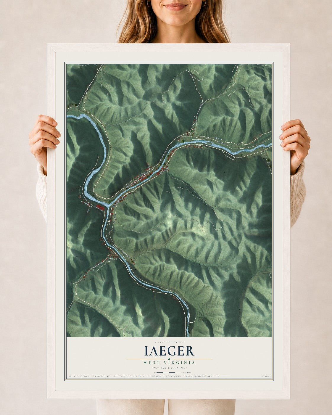 Map of Iaeger, West Virginia, 24 x 36 inch print in a white wood frame