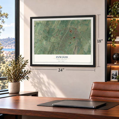 Inwood, West Virginia map, 18 x 24 inch print in a black frame in a home office