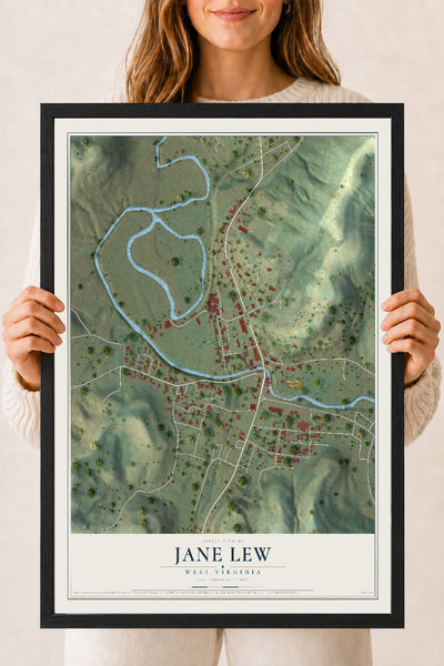 Map of Jane Lew, West Virginia, 18 x 24 inch print in a black wood frame