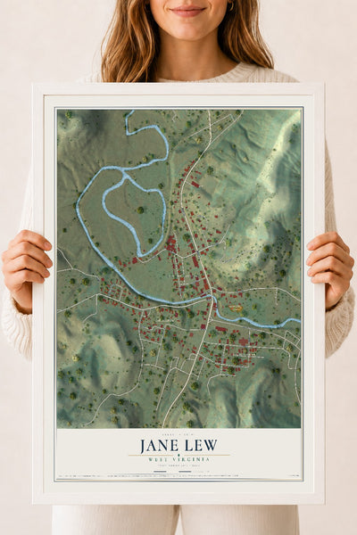 Map of Jane Lew, West Virginia, 18 x 24 inch print in a white wood frame