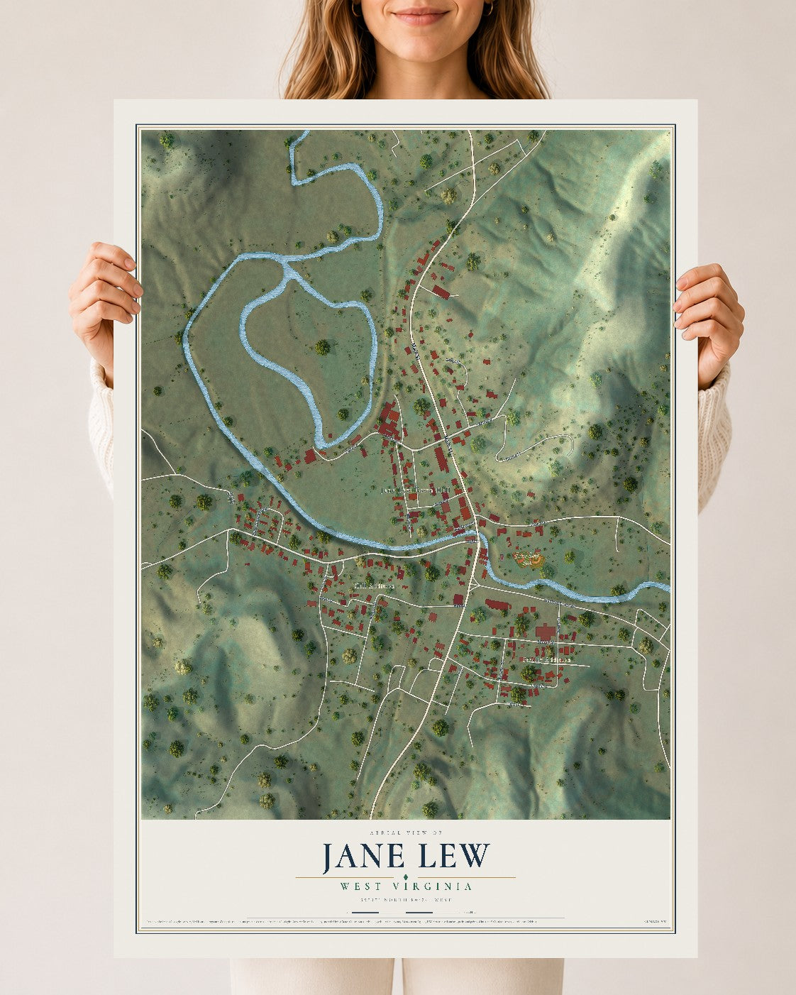 Map of Jane Lew, West Virginia, 24 x 36 inch unframed archival matte print