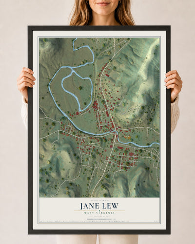 Map of Jane Lew, West Virginia, 24 x 36 inch print in a black wood frame