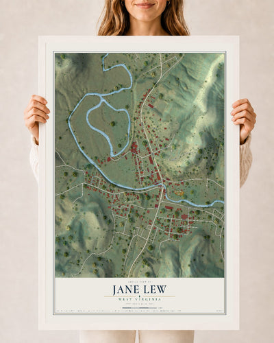 Map of Jane Lew, West Virginia, 24 x 36 inch print in a white wood frame