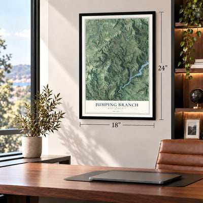 Jumping Branch, West Virginia map, 18 x 24 inch print in a black frame in a home office