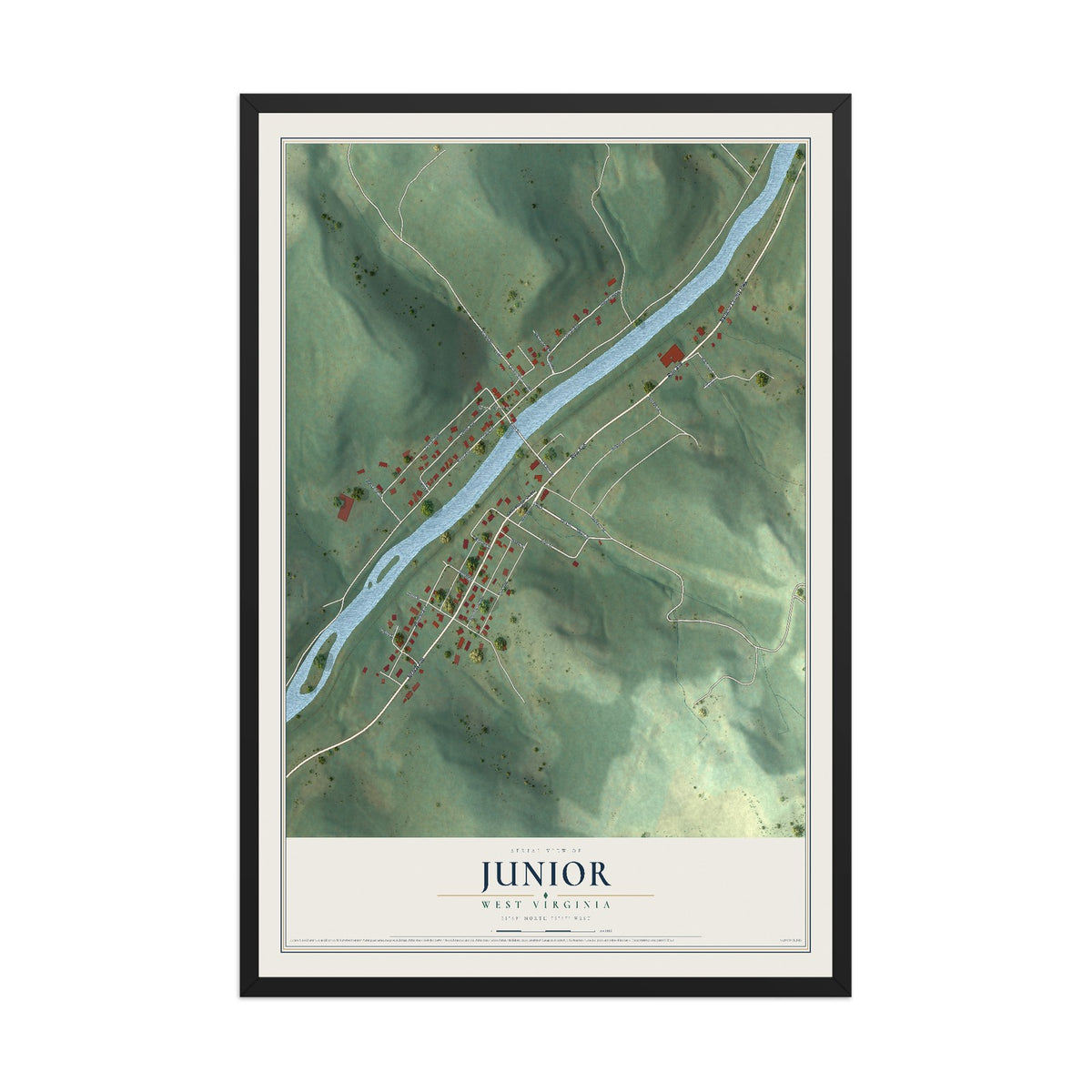 Map of Junior, West Virginia, 12 x 18 inch print in a black wood frame