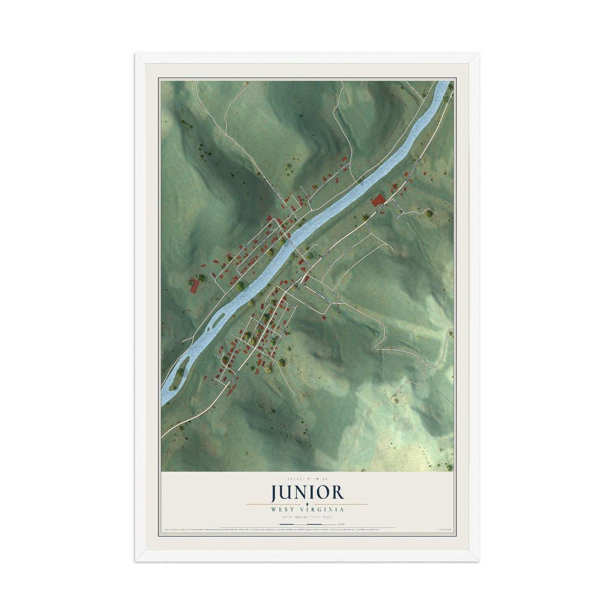 Map of Junior, West Virginia, 12 x 18 inch print in a white wood frame