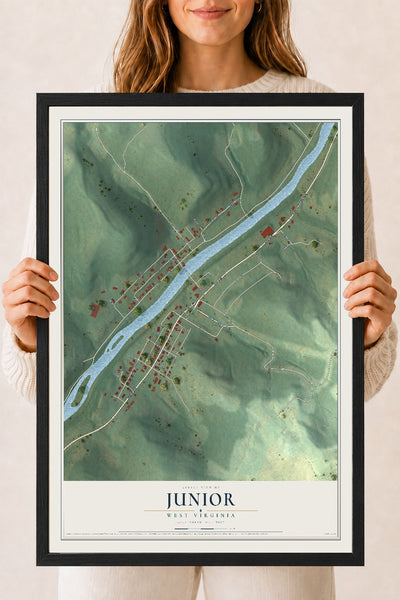 Map of Junior, West Virginia, 18 x 24 inch print in a black wood frame