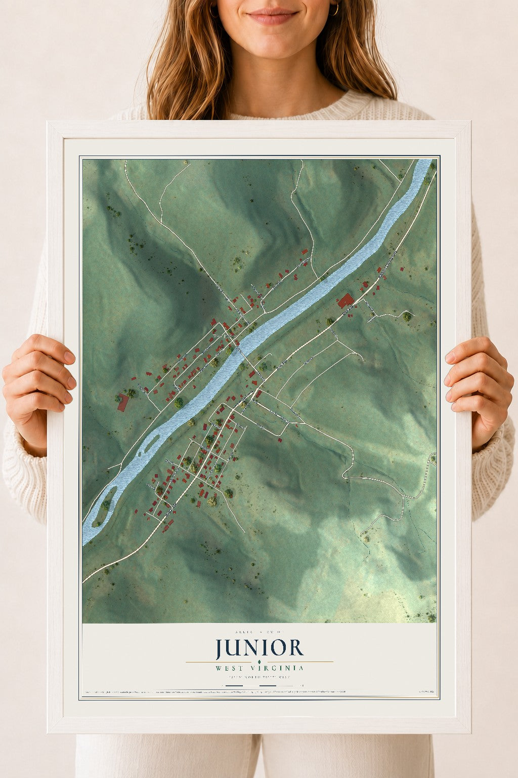 Map of Junior, West Virginia, 18 x 24 inch print in a white wood frame