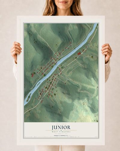 Map of Junior, West Virginia, 24 x 36 inch print in a white wood frame