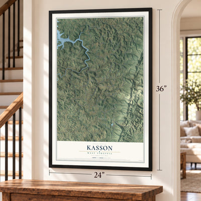 Kasson, West Virginia map, 24 x 36 inch print in a black frame by a staircase