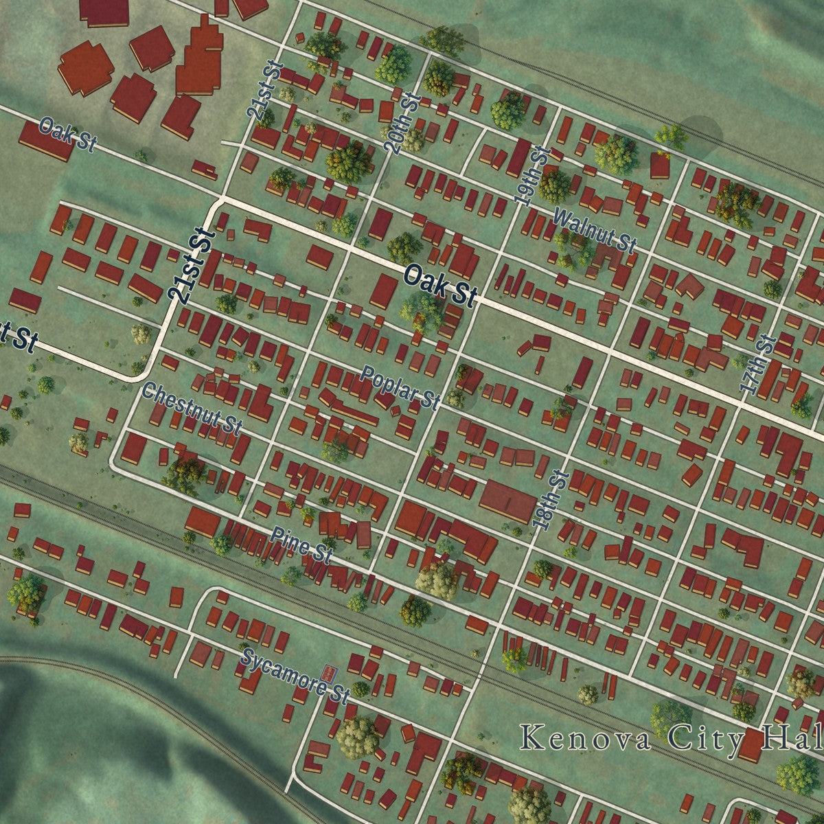 Close-up of the map of Kenova, West Virginia print showing street and building detail