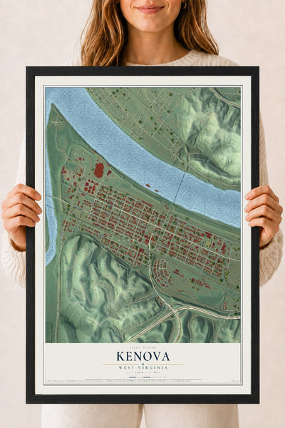 Map of Kenova, West Virginia, 18 x 24 inch print in a black wood frame
