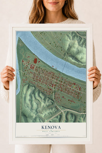 Map of Kenova, West Virginia, 18 x 24 inch print in a white wood frame