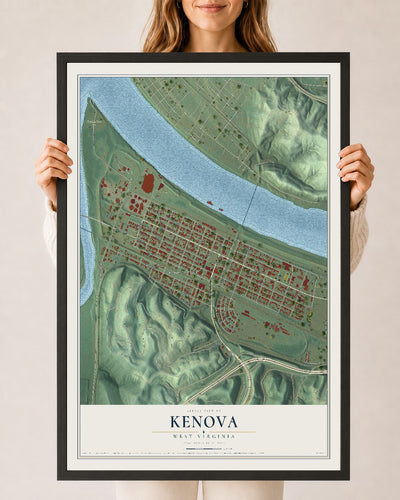 Map of Kenova, West Virginia, 24 x 36 inch print in a black wood frame