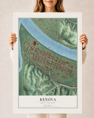 Map of Kenova, West Virginia, 24 x 36 inch print in a white wood frame