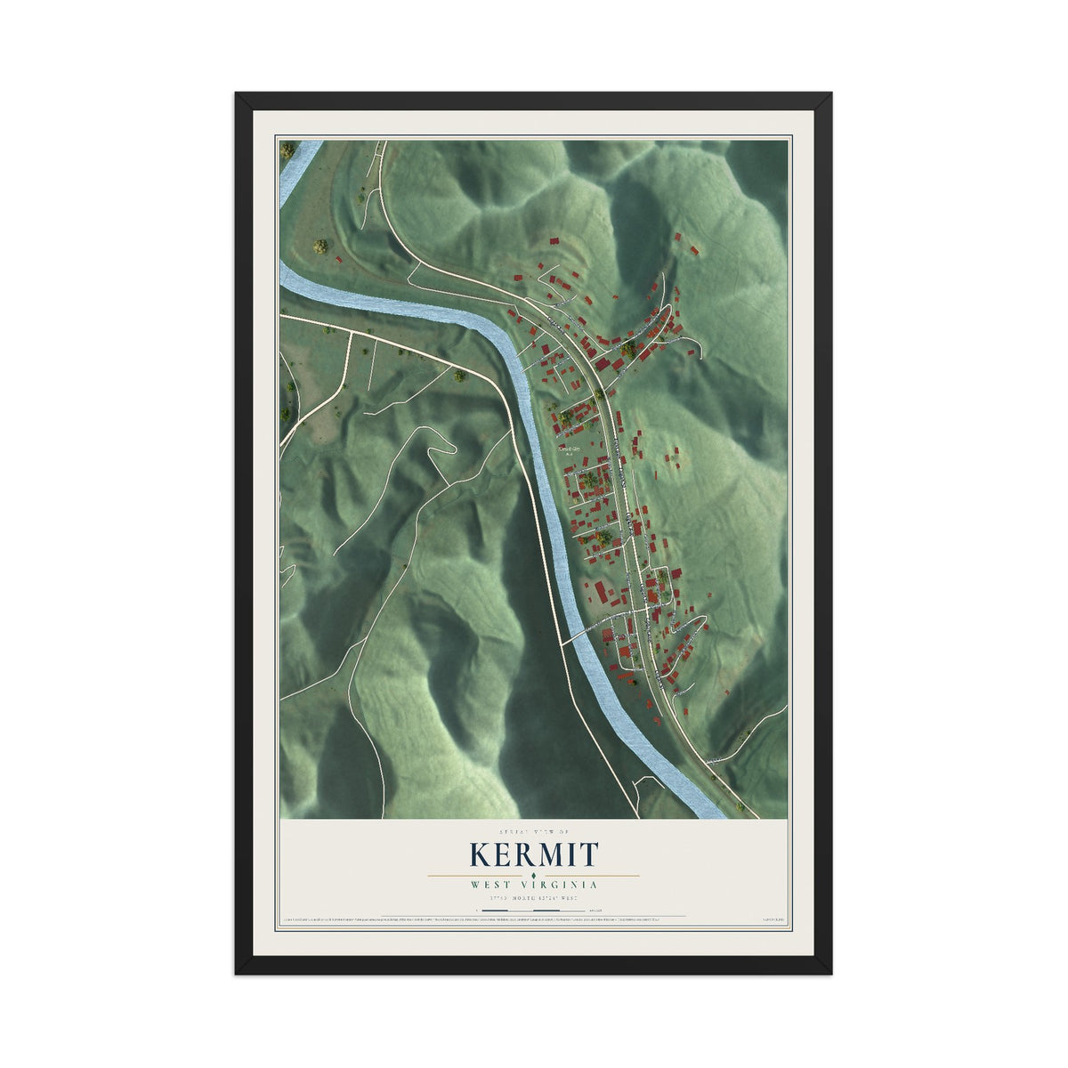 Map of Kermit, West Virginia, 12 x 18 inch print in a black wood frame