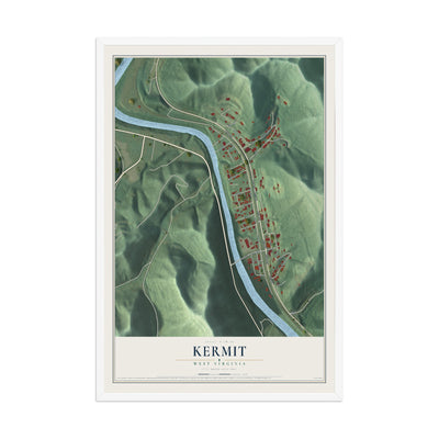 Map of Kermit, West Virginia, 12 x 18 inch print in a white wood frame