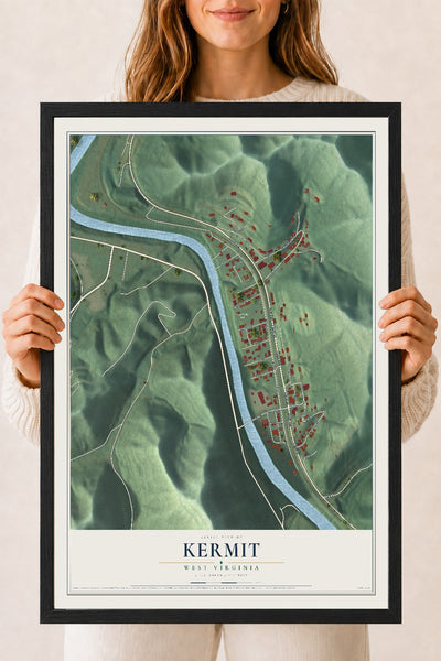 Map of Kermit, West Virginia, 18 x 24 inch print in a black wood frame