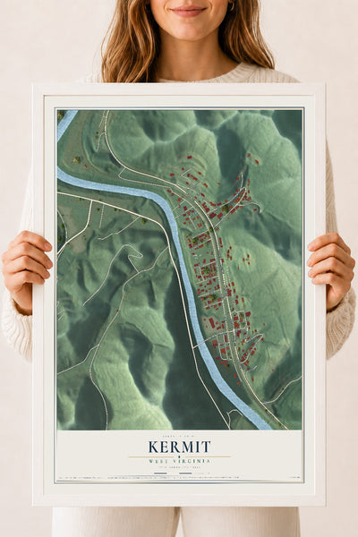 Map of Kermit, West Virginia, 18 x 24 inch print in a white wood frame