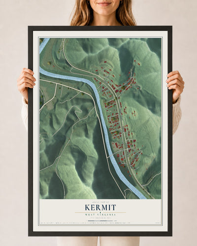 Map of Kermit, West Virginia, 24 x 36 inch print in a black wood frame