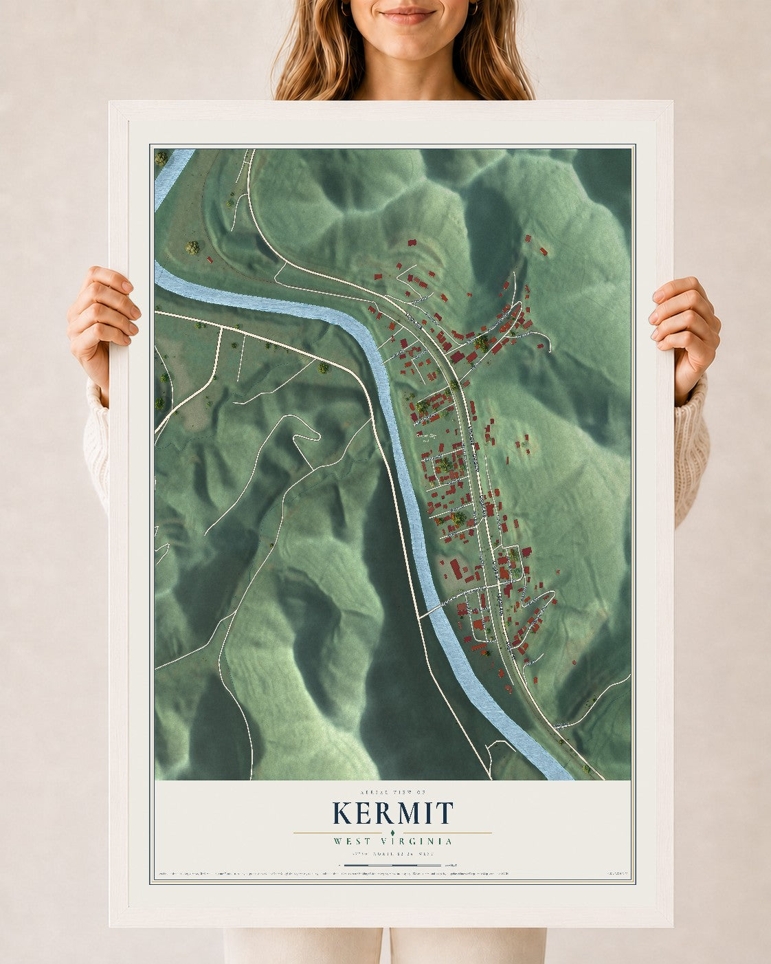 Map of Kermit, West Virginia, 24 x 36 inch print in a white wood frame