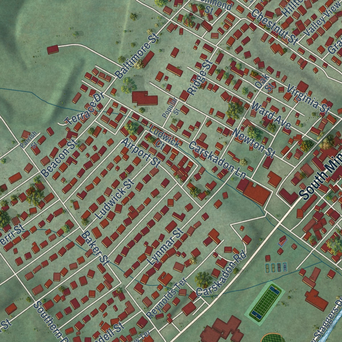 Close-up of the map of Keyser, West Virginia print showing street and building detail