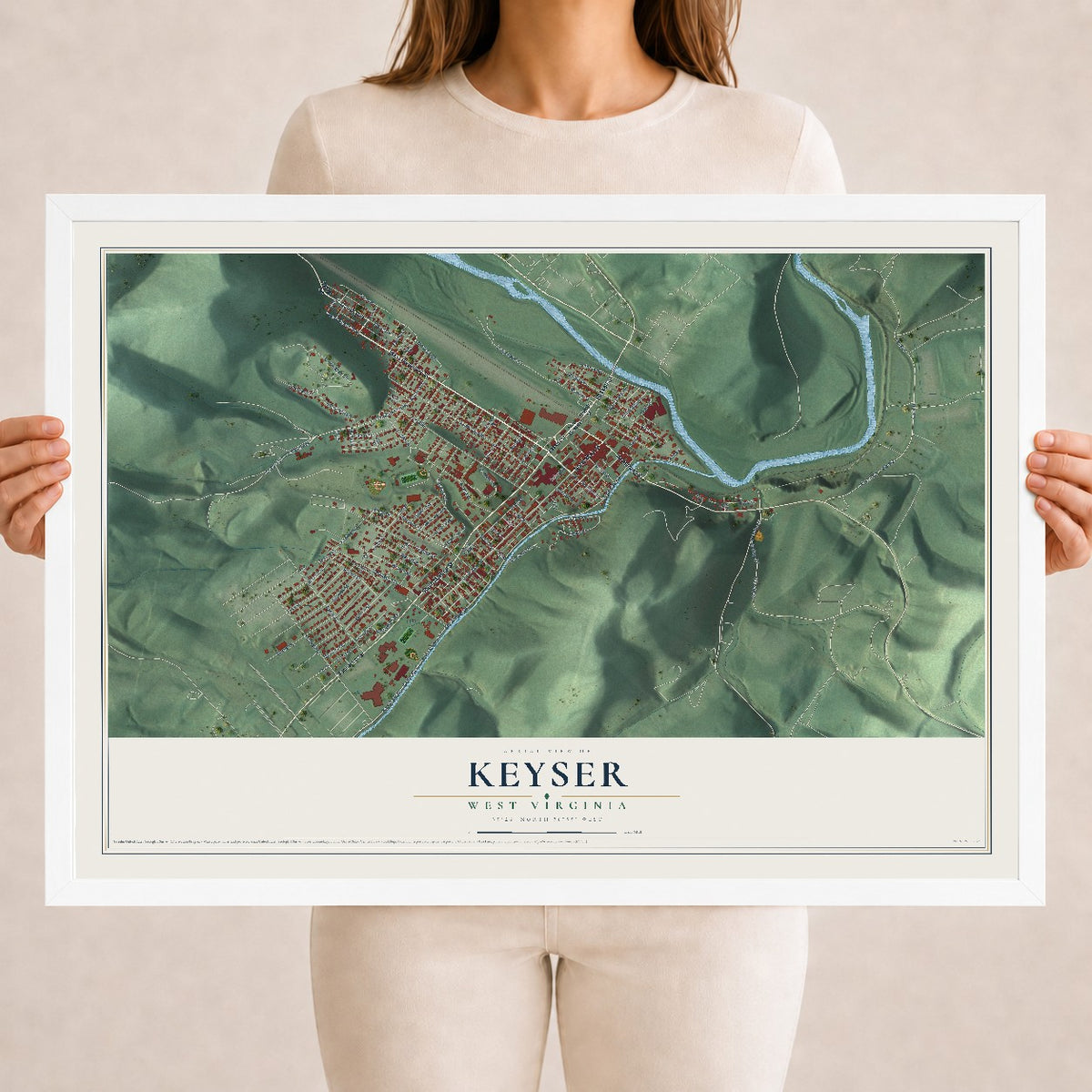 Map of Keyser, West Virginia, 18 x 24 inch print in a white wood frame
