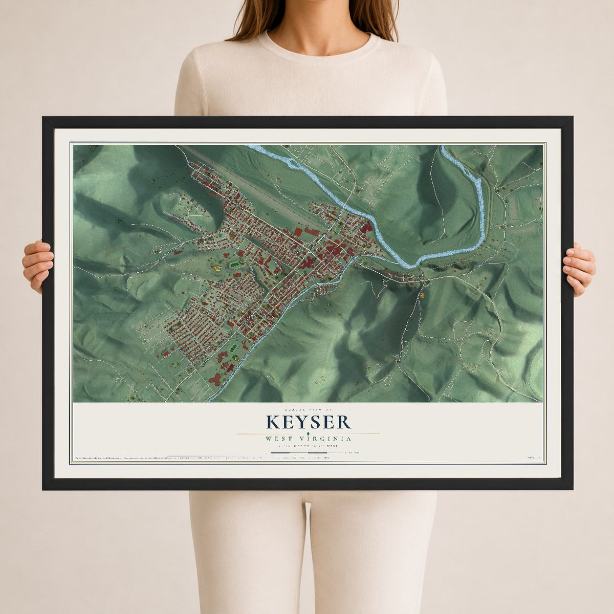 Map of Keyser, West Virginia, 24 x 36 inch print in a black wood frame