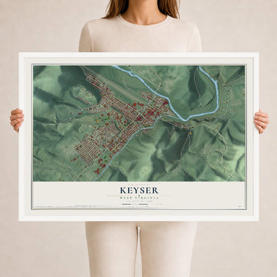 Map of Keyser, West Virginia, 24 x 36 inch print in a white wood frame