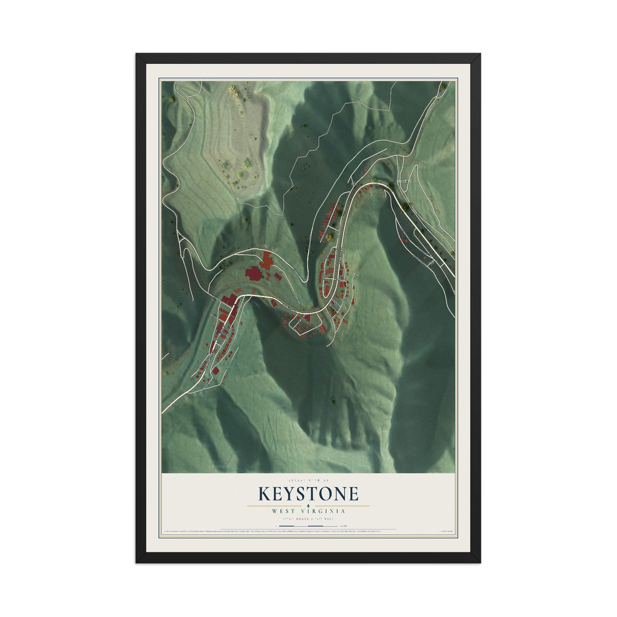 Map of Keystone, West Virginia, 12 x 18 inch print in a black wood frame