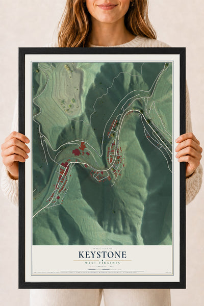 Map of Keystone, West Virginia, 18 x 24 inch print in a black wood frame
