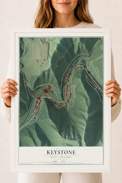 Map of Keystone, West Virginia, 18 x 24 inch print in a white wood frame