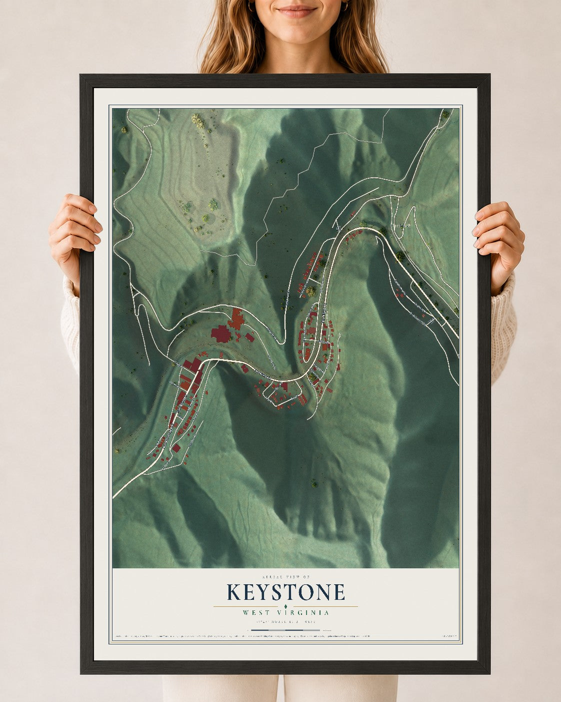 Map of Keystone, West Virginia, 24 x 36 inch print in a black wood frame