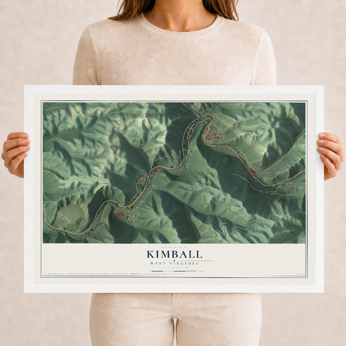 Map of Kimball, West Virginia, 12 x 18 inch print in a white wood frame