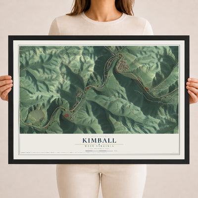 Map of Kimball, West Virginia, 18 x 24 inch print in a black wood frame