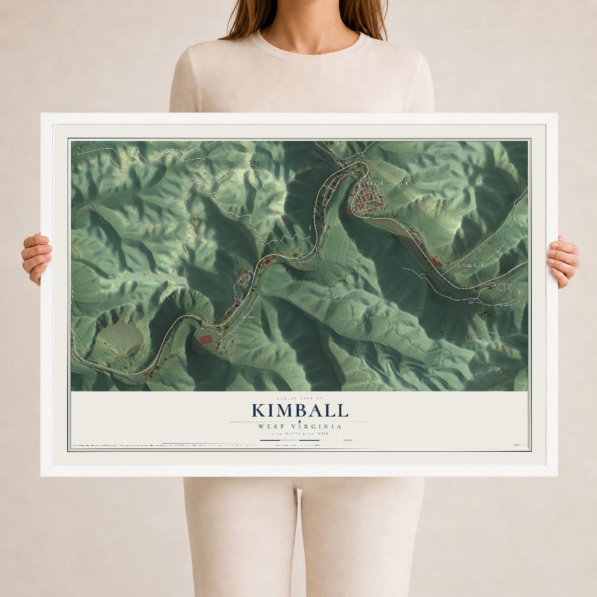 Map of Kimball, West Virginia, 24 x 36 inch print in a white wood frame