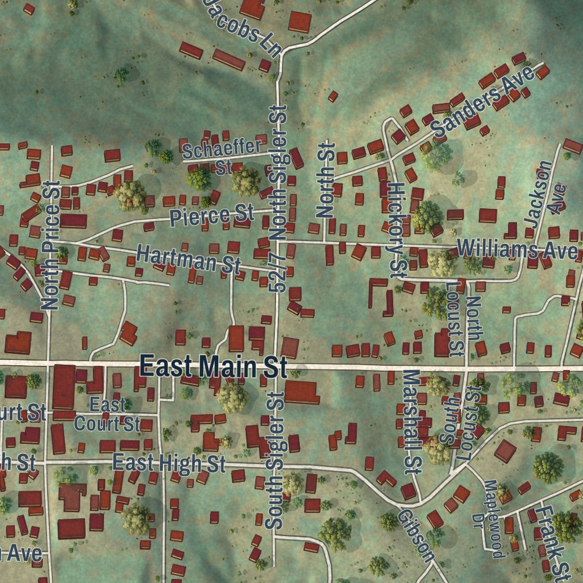 Close-up of the map of Kingwood, West Virginia print showing street and building detail