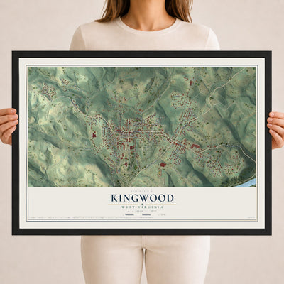 Map of Kingwood, West Virginia, 18 x 24 inch print in a black wood frame