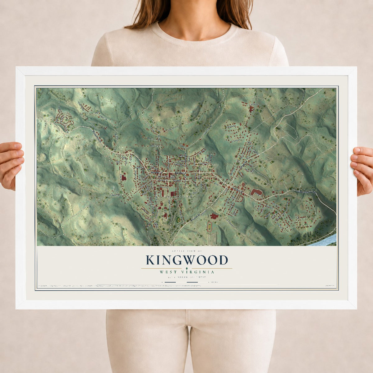 Map of Kingwood, West Virginia, 18 x 24 inch print in a white wood frame