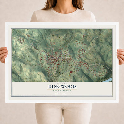 Map of Kingwood, West Virginia, 18 x 24 inch print in a white wood frame