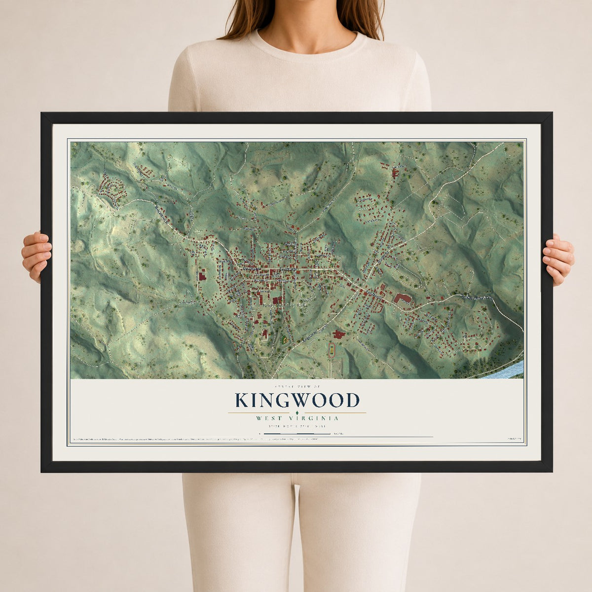 Map of Kingwood, West Virginia, 24 x 36 inch print in a black wood frame