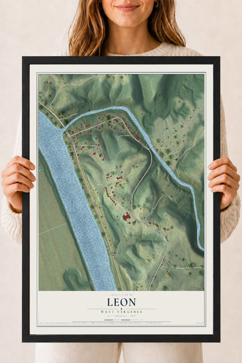 Map of Leon, West Virginia, 18 x 24 inch print in a black wood frame