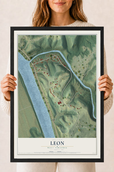 Map of Leon, West Virginia, 18 x 24 inch print in a black wood frame