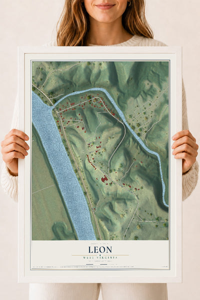 Map of Leon, West Virginia, 18 x 24 inch print in a white wood frame