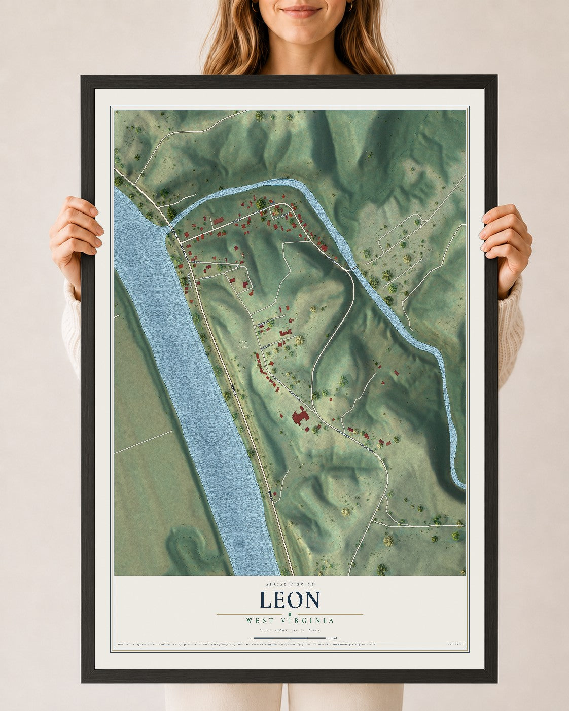 Map of Leon, West Virginia, 24 x 36 inch print in a black wood frame