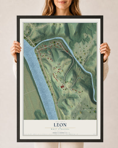 Map of Leon, West Virginia, 24 x 36 inch print in a black wood frame