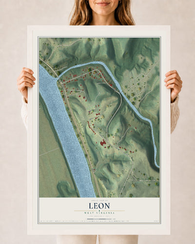 Map of Leon, West Virginia, 24 x 36 inch print in a white wood frame